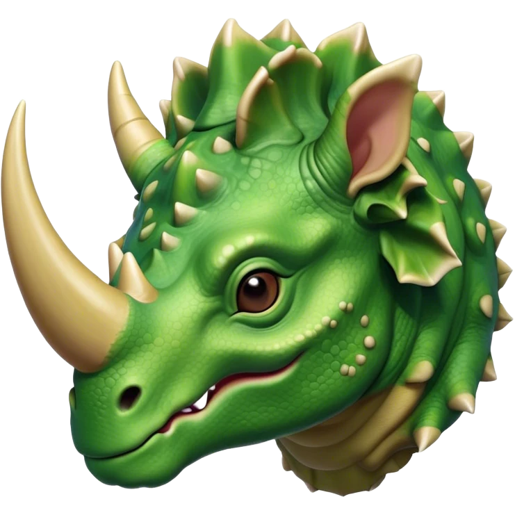 Beautiful and Majestic Triceratops Portrait Emoji, Head and body rendered in serene repose with a gentle, content smile, showcasing a robust, horned form with an intricately frilled head and eyes softly closed in tranquil repose, Simplified yet exquisitely endearing features, highly detailed, glowing with a soft, drowsy prehistoric light, high shine, relaxed and utterly majestic, stylized with an air of ancient splendor, soft glowing outline, capturing the essence of a beautiful and majestic Triceratops that embodies the timeless strength of the ancient world! emoji