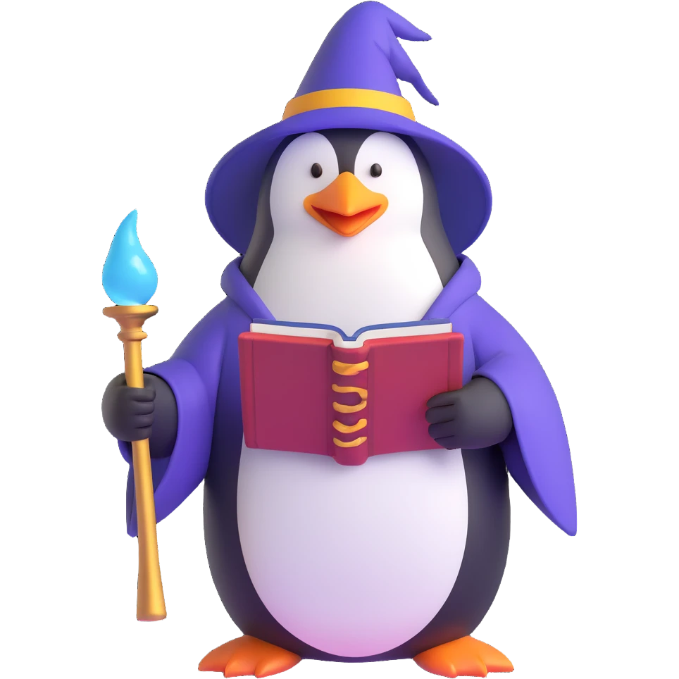 penguin wizard with a long beard, holding a spellbook, mystical, charming emoji