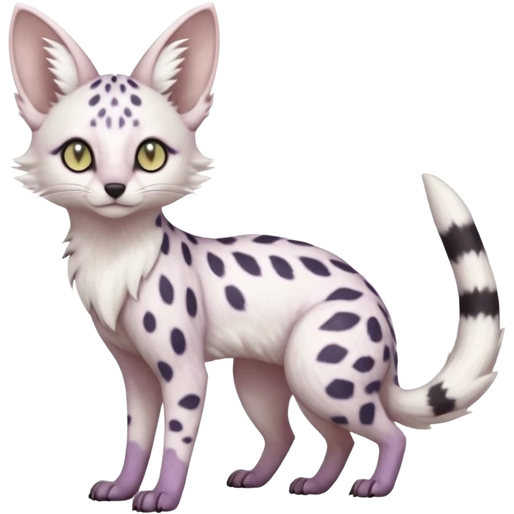 White Albino pastel whitish grey-spotted Serval-Civet-Genet-Trico-Furret-Linoone-Noibat-Espeon-Fakémon-Pokémon-animal-hybrid-fusion-creature (full body) with vibrant glowing eyes, cute, elegant, soft, realistic, pastel fur emoji