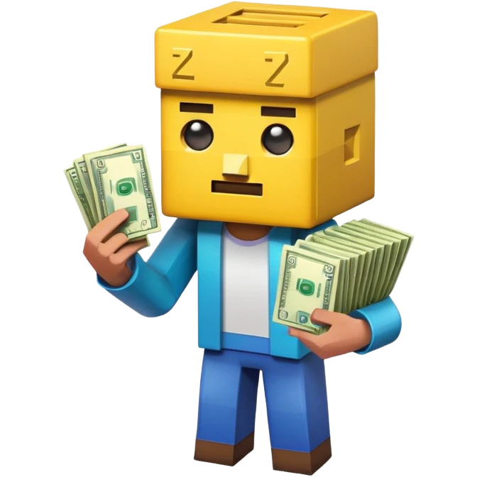 emoji style icon, minecraft blocky character holding a stack of money, pixel art style, bright colors, simple background, 3D glossy emoji, centered composition, soft shadow, high detail, clean outline, white background emoji