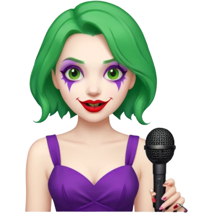 female joker with dress, microphone, singing emoji