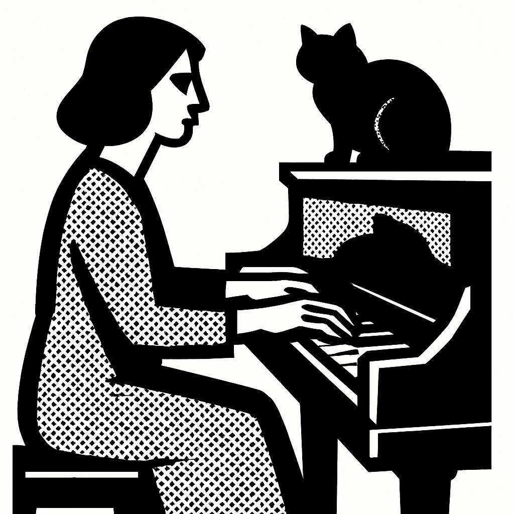 woman playing piano while her cat sits on top of the piano emoji