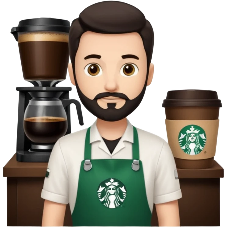 A Starbucks Barista with Black Coffee Master Apron. White Boy has trimmed Beard Black emoji