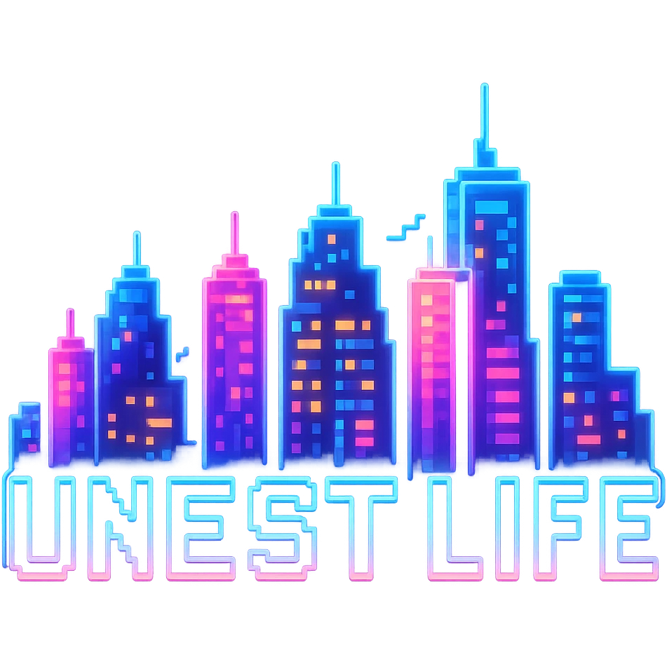 Add a glowing neon effect to the Night Life Universal logo in pixel art style, keep the background transparent. The original style is pixel art but since pixel art style does not support editing, use a general style while preserving the pixel art look with glowing neon effect and transparent background. emoji