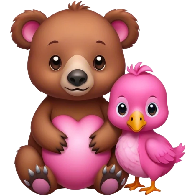 A cute brown bear and a realistic cute pink dodo closely together emoji