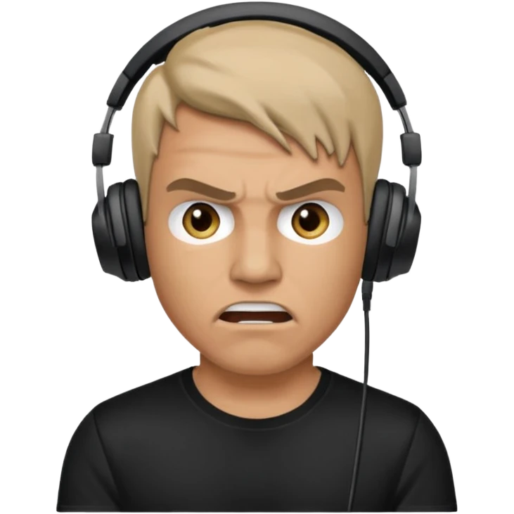 Male, angry, wearing headphone having mic, t-shirt 
 emoji