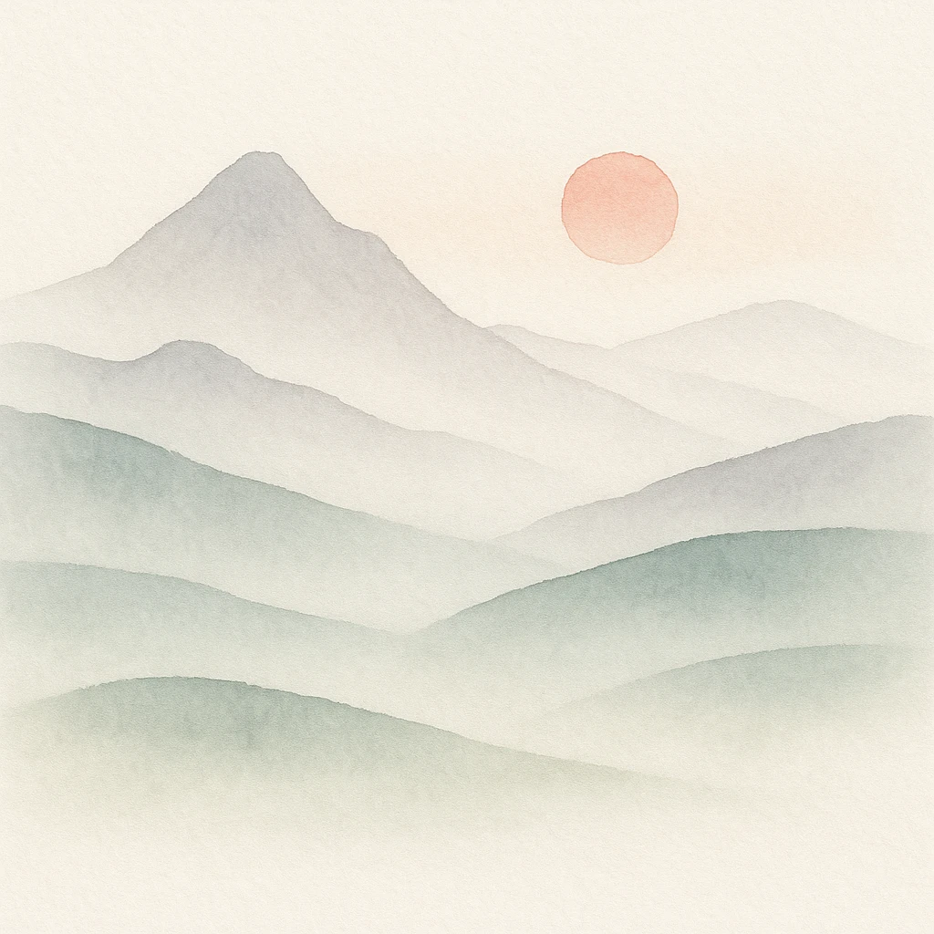 watercolor mountain landscape with a sunrise, gentle gradients and misty atmosphere emoji