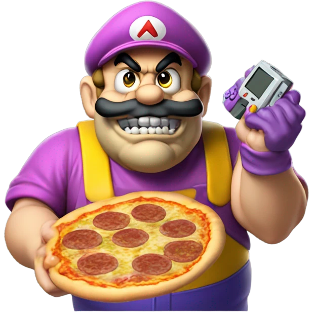 wario sneering with a joypad in one hand and a pizza in the other emoji