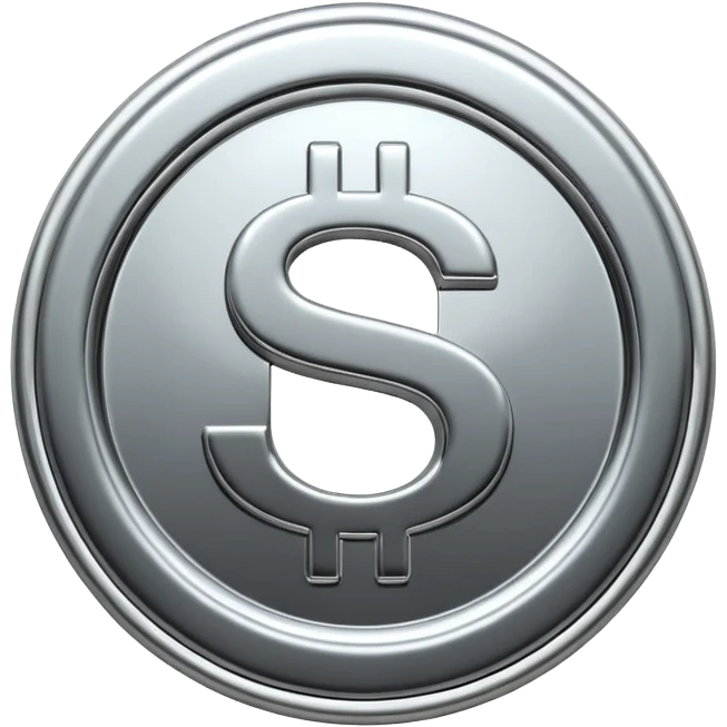 A double dollar sign emoji made of polished silver chrome, smooth metallic surface, glossy reflections, luxury swag vibe, minimal iOS emoji style, centered on white background emoji