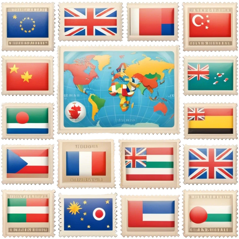 Icon for Stamp Collecting: a collection of vintage and colorful stamps arranged in an album or on a desk, with a large stamp block in the center showcasing different countries and themes. The icon should reflect the charm and history of philately. Transparent background. emoji
