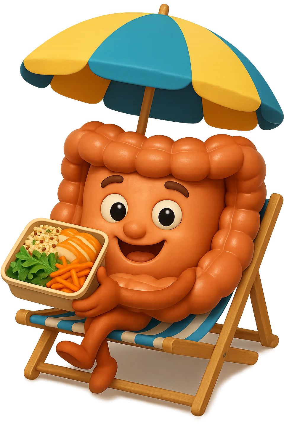 EMOJI STILE IPHONE DI INTESTINO IN SPIAGGIA SU UNA SPIAGGINA SOTTO L'OMBRELLONE CON IN MANO UNA SCHISCETTA DI Insalata di quinoa e pollo con rucola e carote, iperrealistica 4k emoji