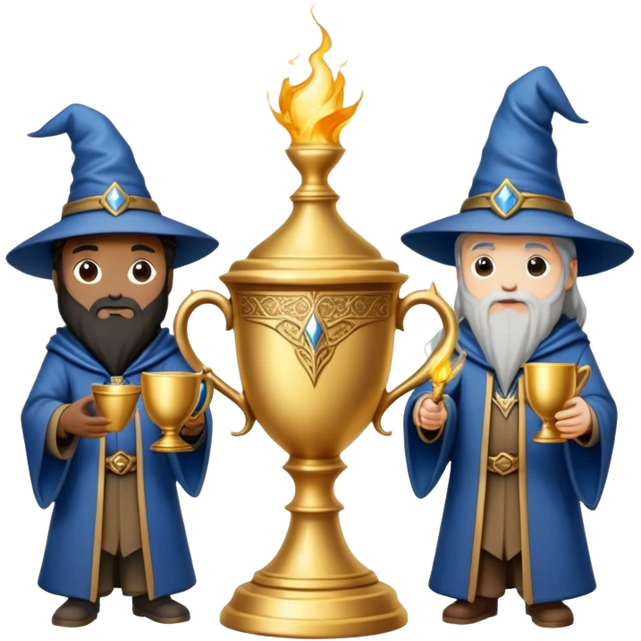 three wizards standing around the Triwizard Cup from Harry Potter emoji