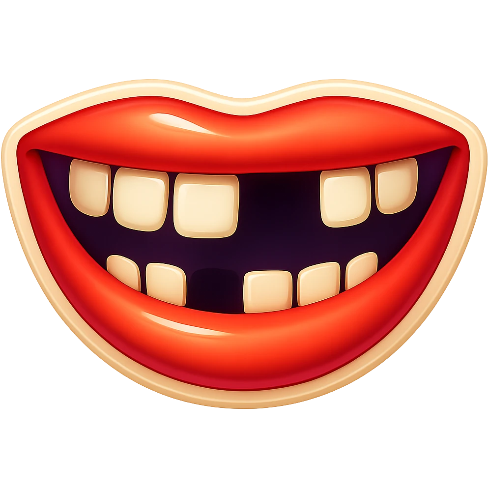 Edit the emoji to have a wide smile with two missing teeth, keeping the same retro stickers style and no background. emoji