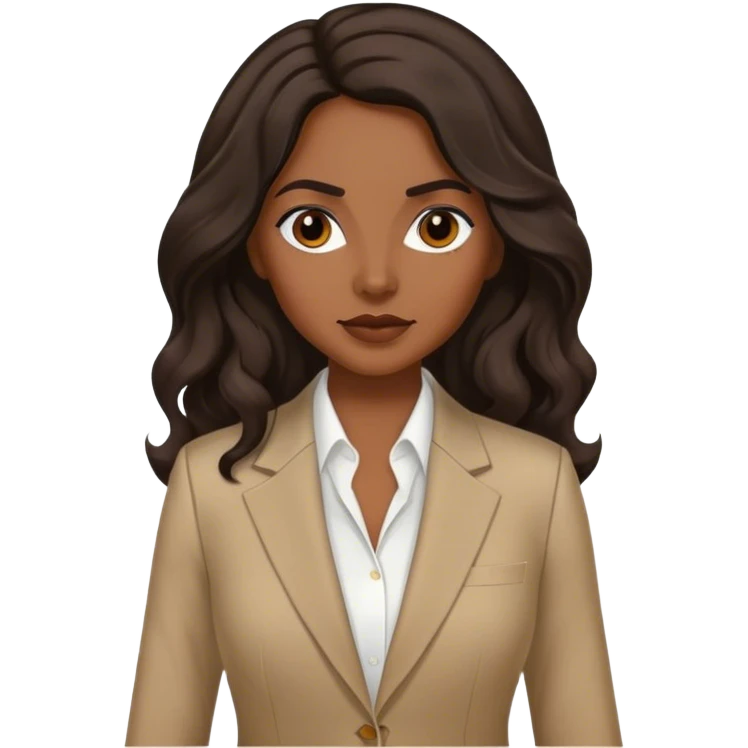 dark brown woman with dark brown long wavy hair with middle part and an executive tan suit  emoji