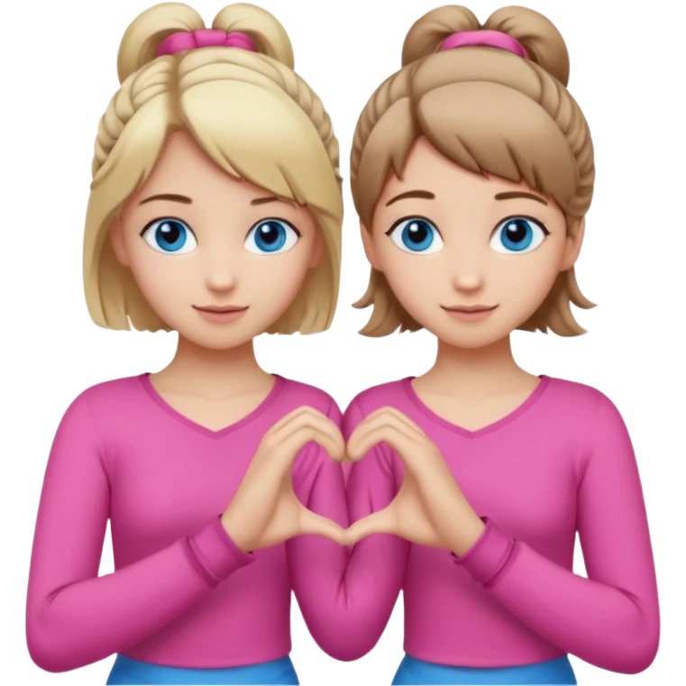 Two best friends making a heart shape with their hands together. One of them has blond hair which is shorter and the other has brown hair tied up. They are both wearing pink outfits. They both have blue eyes. One of them has their hair down  emoji