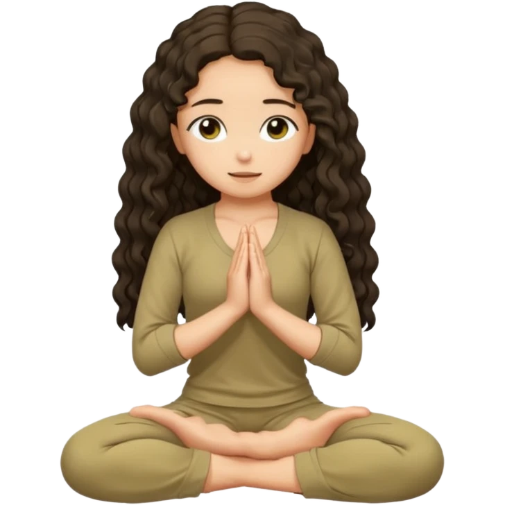 Olive toned Christian girl praying on knees to Jesus long dark curly hair in tan color yoga set emoji