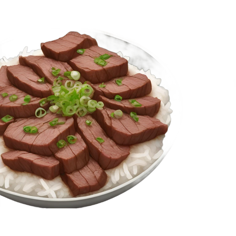 Bulgogi thin sliced beef Korean dish with white rice and onion slices, with green onion on top  emoji