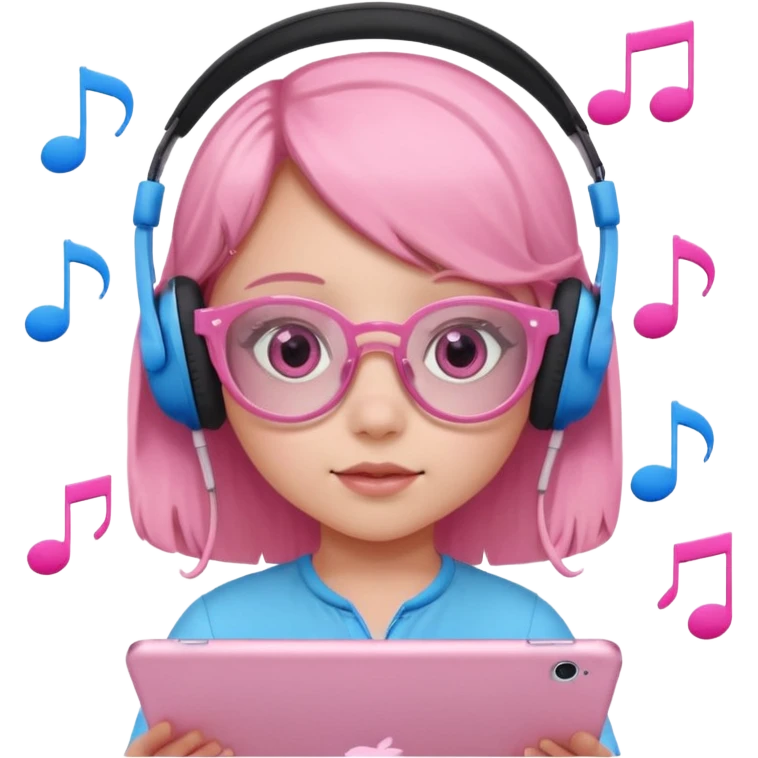 Little girl with headphones when pink eyes and pink iPad and pink dreamy background and rose colored glasses and blue music notes around her emoji