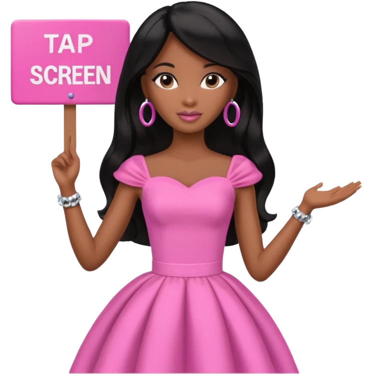 Black barbie, long black  hair, pink dress holding sign, that says "tap screen" emoji
