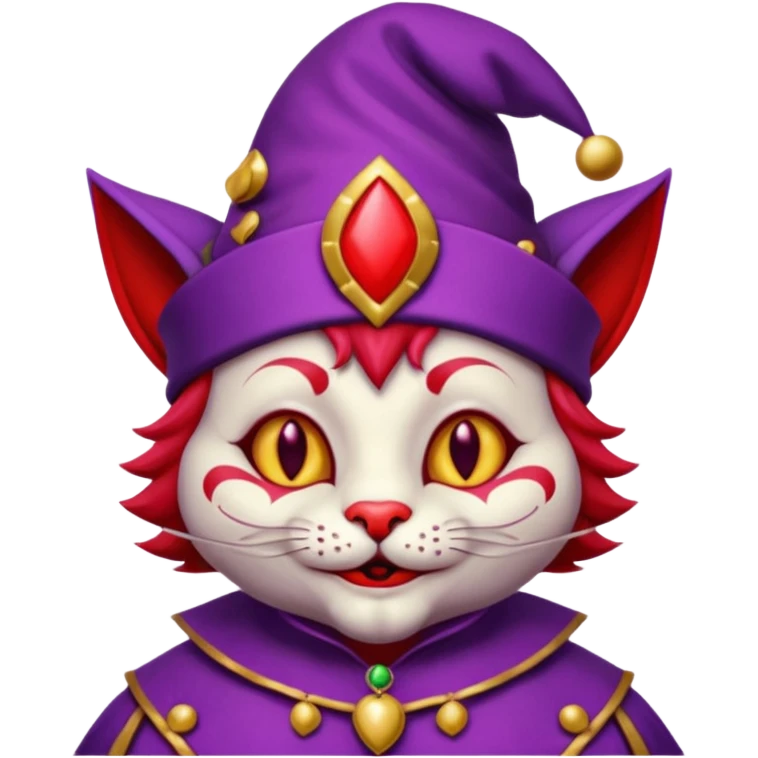 crazy colorful cute little cat jolly joker from poker, medieval, vintage, court jester, mac os icon, purple and red color, half body emoji