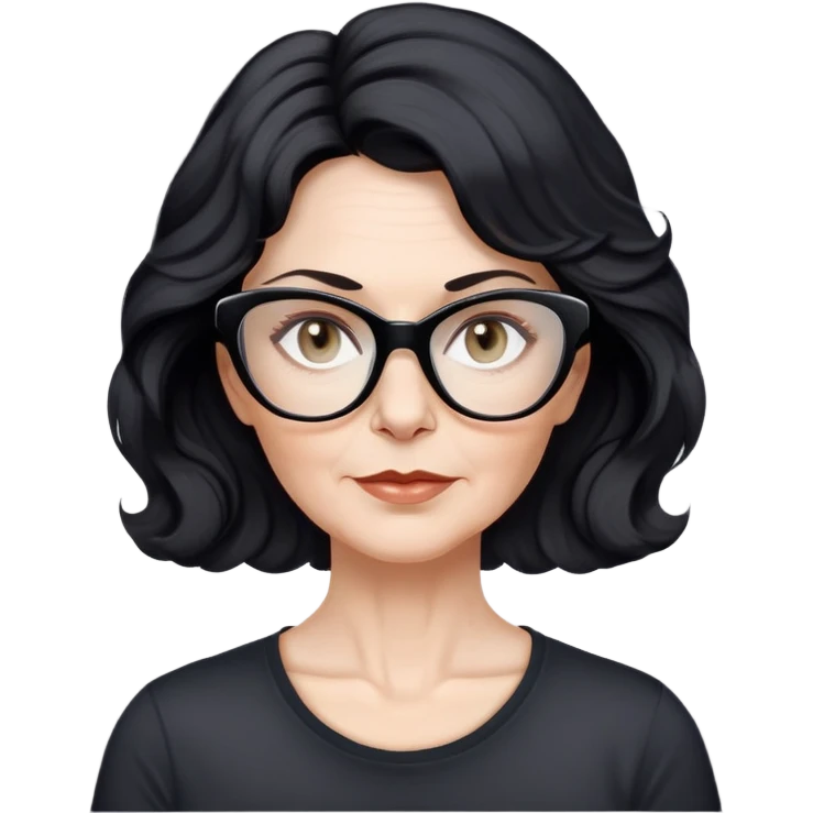 white woman about 50 years old with light warm skin, wavy black hair to the neck, neutral determined expression, large black shiny butterfly or cat-eye glasses, white casual t-shirt, calm and creative energy emoji
