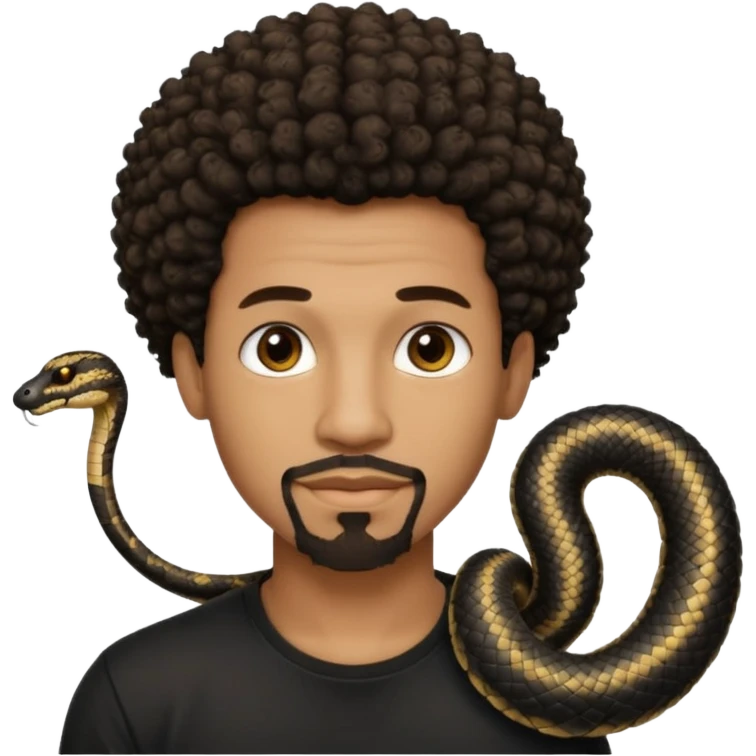 Homme noir, yeux marron avec un bouc sans la moustache, cheveux court et bouclé crépus avec un dégradé sur le côté, avec un cobra à côté , t-shirt noir  emoji