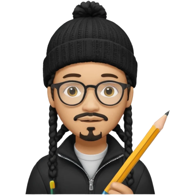 A creative young man with a pencil, glasses and a beanie. He holds a pen in his hand. He has dreadlocks, a slight moustache and bit of a beard. He's a lightskin blAsian man. He wears a black quarterzip jumper. emoji