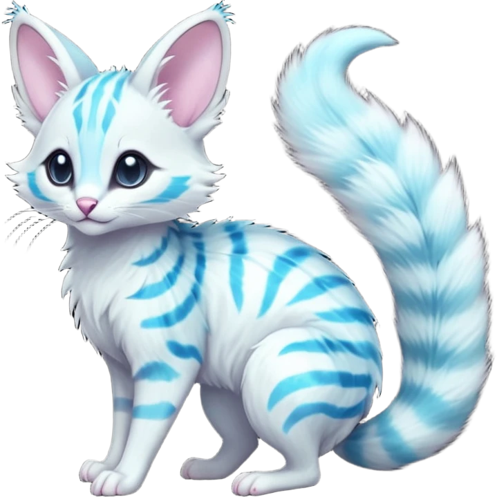  cute adorable whitish pastel fur with glowing bioluminescent random colorful markings iridescent beautiful elegant pretty precious cute young youthful  Fakémon-Pokémon-alien-opossum-feline-serval-caracal-chinchilla-Minccino-hybrid-creature with a big fluffy bushy striped tail (full body) emoji
