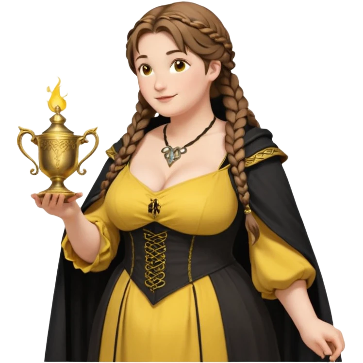 Helga Hufflepuff, half-turned in profile,brown-haired,2 braids,yellow-black medieval open dress,deep neckline,fat macromastia,black cloak decorated with gold braiding,wand,gold cup with two handles,very kind smile,curvy busty sweet woman,round rosy cheeks,full length with medieval shoes emoji