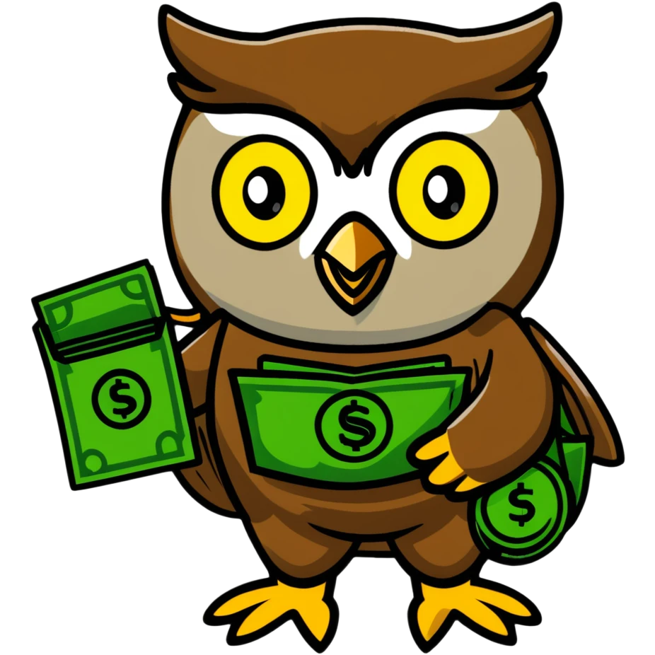 charming pastel-toned owl character, large green eyes, golden feathers, holding a money pouch in its feet, sticker style, emphasizing sparkling effect emoji