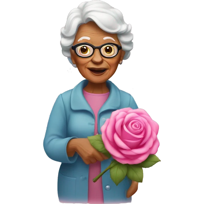 Grandma with a big pink rose toy emoji