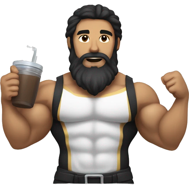 tan white man with long brown hair and a thick black beard with muscles and abs, drinking a protein shake emoji
