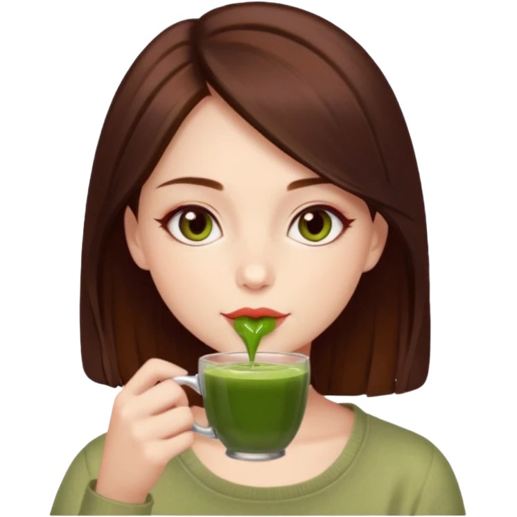 beautiful brunette with slightly cherry red tinted hair , with dark hazel eyes (let's call her kami), sipping matcha emoji