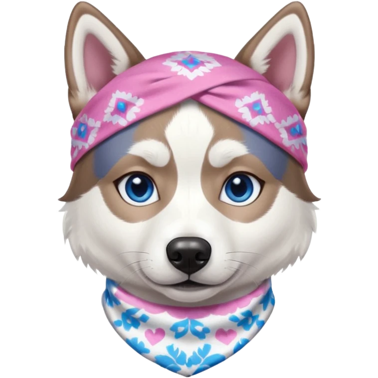 Husky siberiano fêmea, toda branca um olho azul e outro metade azul e marrom. Com bandana rosa emoji