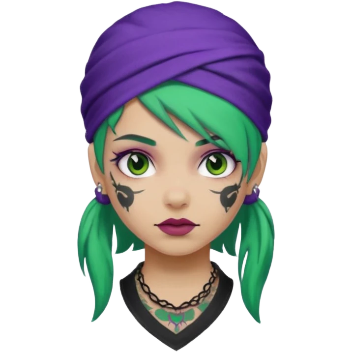 green hair with purple head bandana and lots of face tattoo girl emoji