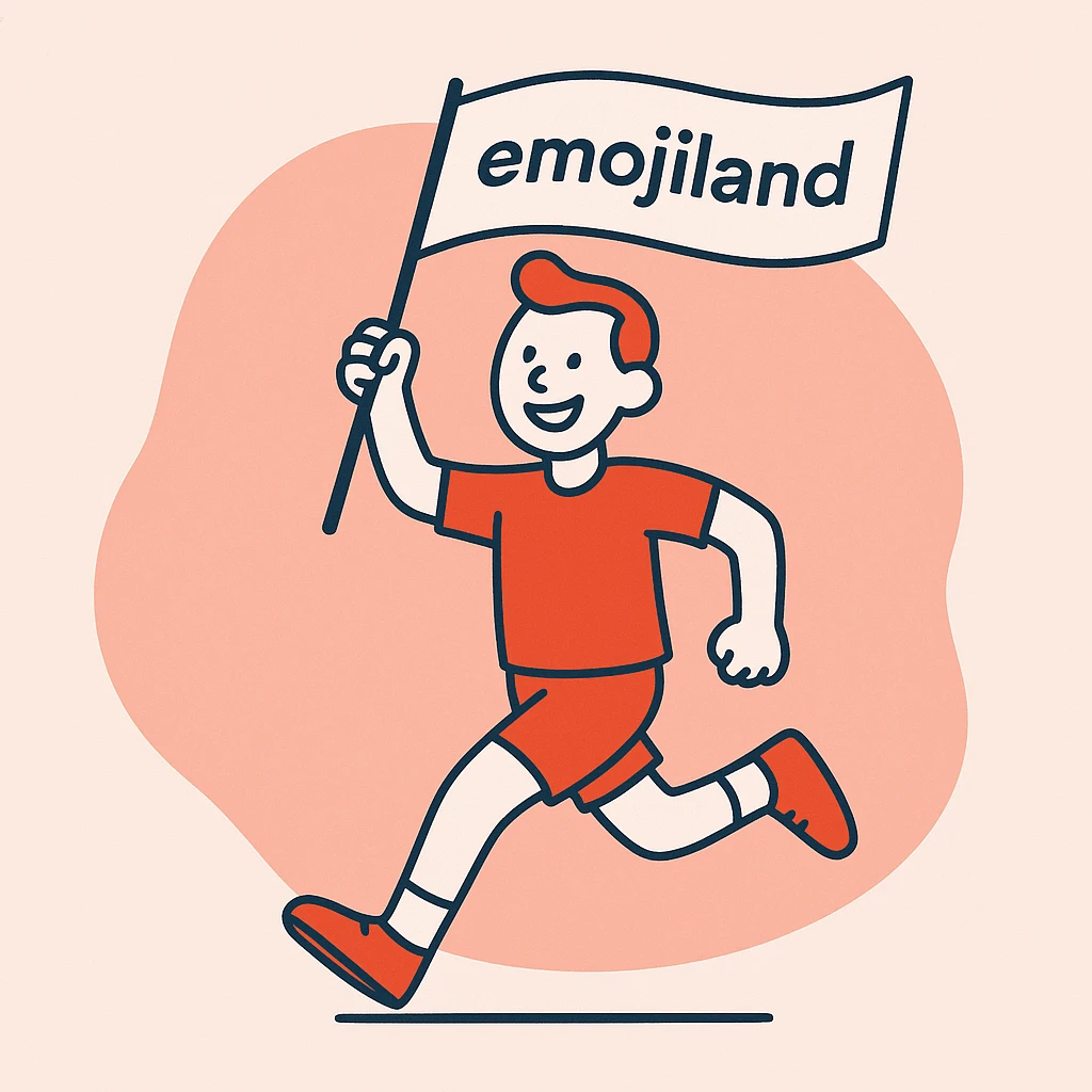 happy runner waving a flag that says 'emojiland' emoji