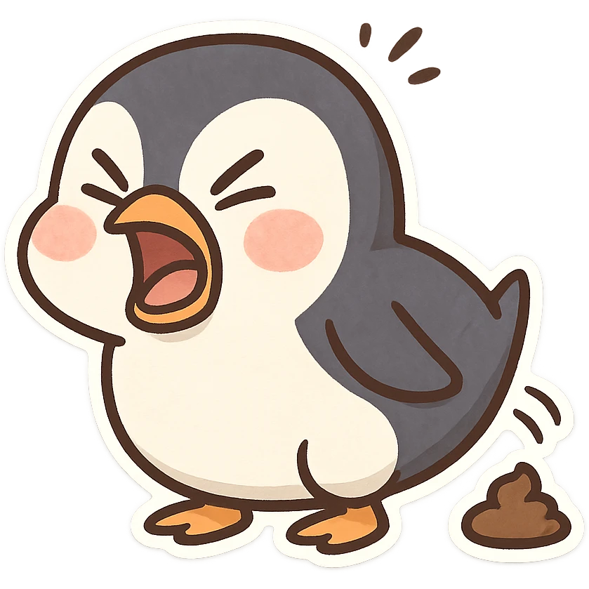 a funny penguin mid-poop, exaggerated expression emoji