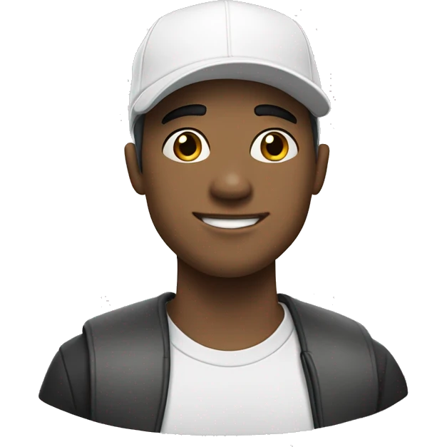 a young 20 year old white guy with almost bald black hair wearing a white cap with a "c" in the middle emoji