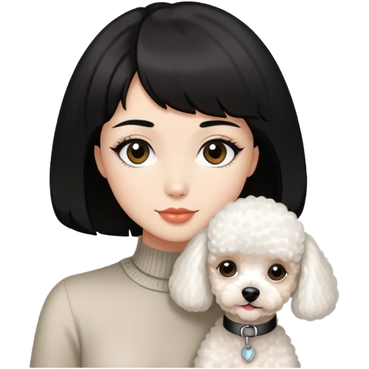 A beautiful girl with short black hair and a white miniature poodle. emoji