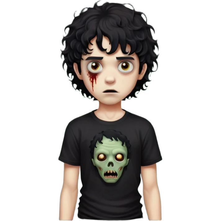 Boy, zombie, black curly wavy hair, medium hair, emo, round shaped hair, dark hair, spooky, creepy expression, fringe in the eyebrows height, with Black t-shirt  emoji