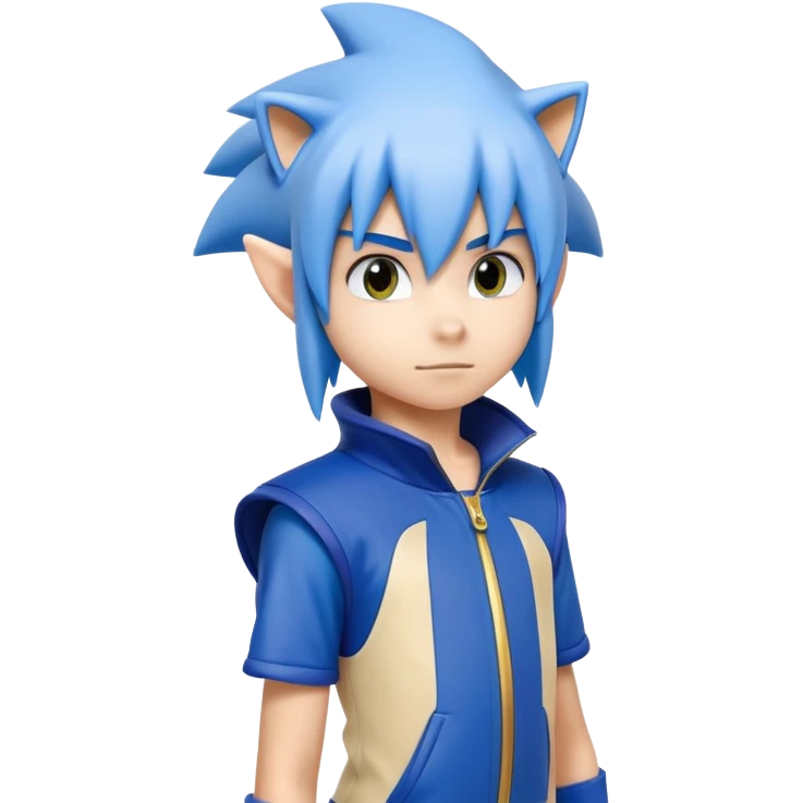 A 12 year old with sky blue hair in a sonic themed cosplay costume  emoji