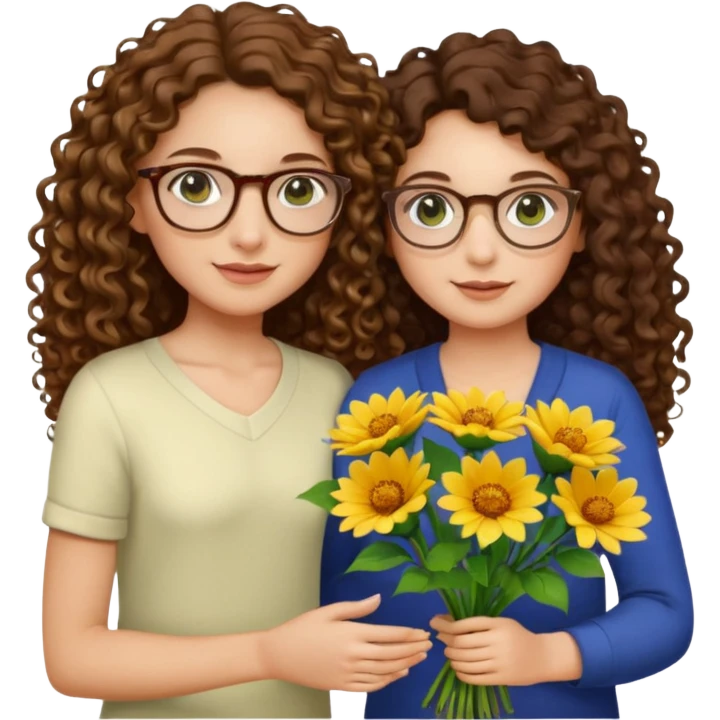 light skinned brunette long curly haired woman with green/hazel eyes framed with fine round gold rimmed glasses holding big bright bunch of flowers with one hand and young kindergarten age daughter's hand (also with long brown curly hair) in other. White background. emoji