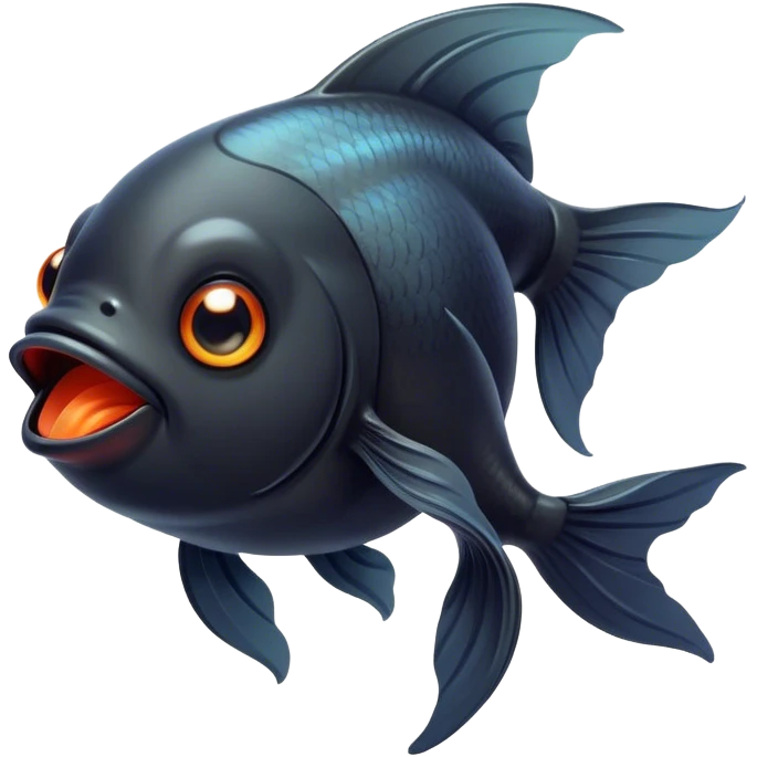 Cinematic Cute Yawning Black Goldfish Portrait Emoji, Head tilted slightly with a dramatic, wide-open yawn, showcasing a smooth, deep black body with elegant, flowing fins, eyes barely open in drowsy contentment, Simplified yet irresistibly adorable features, highly detailed, glowing with a soft, cozy glow, high shine, relaxed yet expressive, stylized with a touch of whimsy, bright and endearing, soft glowing outline, capturing the essence of a sleepy yet affectionate goldfish, so drowsy it feels like it could float out of the screen and curl up for a nap! emoji