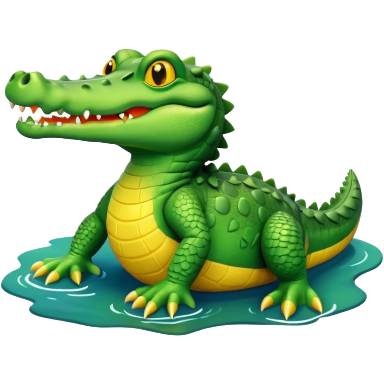 A cute 3D cartoon crocodile resting on a riverbank, part of its body in the water. Smooth rounded design, bright colors, soft lighting, friendly expression, Memoji-style realism. emoji