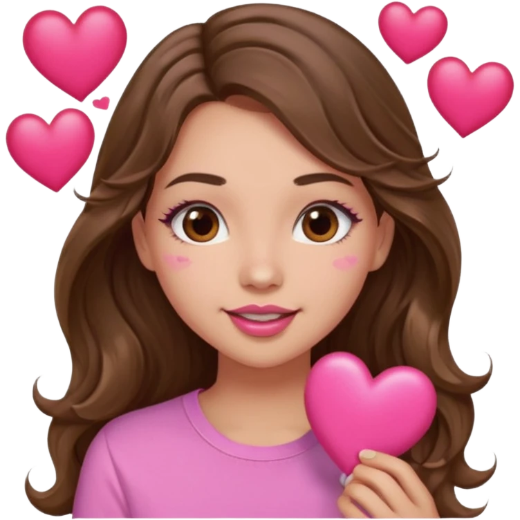 girl with long wavy brown hair, brown eyes, light to medium complexion, in a pink shirt, pink lips, long lashes, puckering lips kissing, blushing with hearts emoji