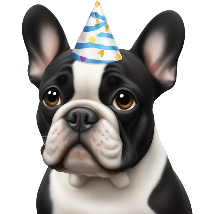 an all-black French bulldog with a white breast in a birthday cap emoji