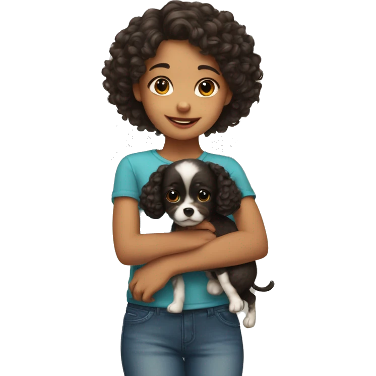 Cute girl with curly dark hair with a small dog in her arms emoji