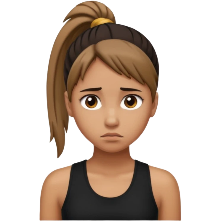 a tan girl with a ponytail, black tank top, . Looking sad emoji