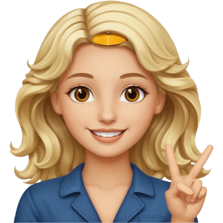 Luxury blonde model, brown eyes, wavy hair, peace sign emoji