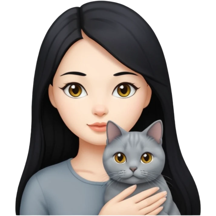A black long hair beautiful woman with a British shorthair cat emoji